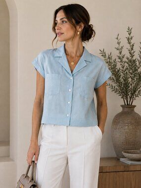Sigrid Olsen Light Blue Silk Linen Blend Blouse NWT Relaxed Coastal Shirt